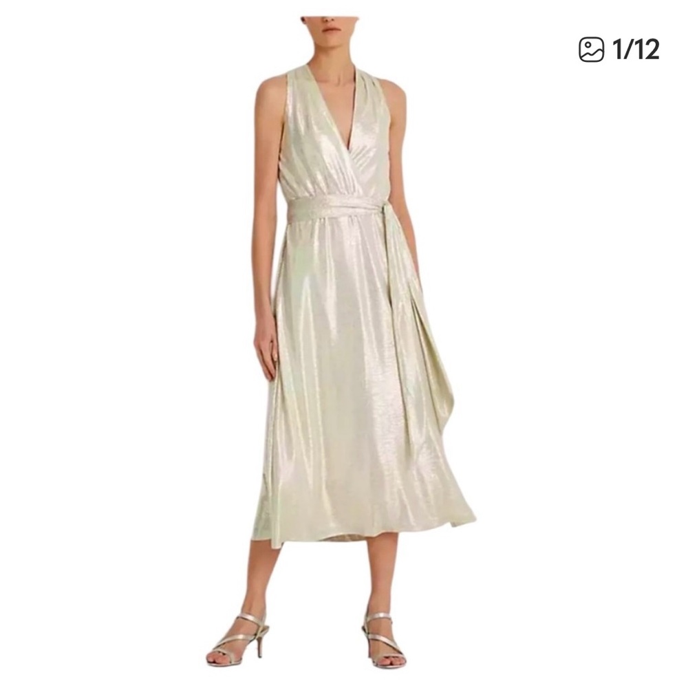 Ralph Lauren (LRL) Gold Metallic Jersey Halter Midi Dress